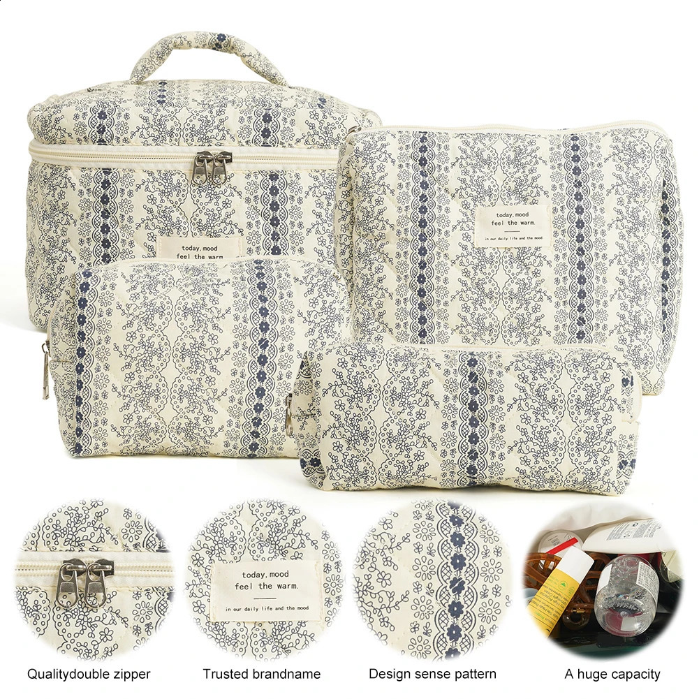 Travel Makeup Bag for Women Quilted Skincare Bag 4PCS Floral Make Up Organizer Travel Shopping Bag 241226