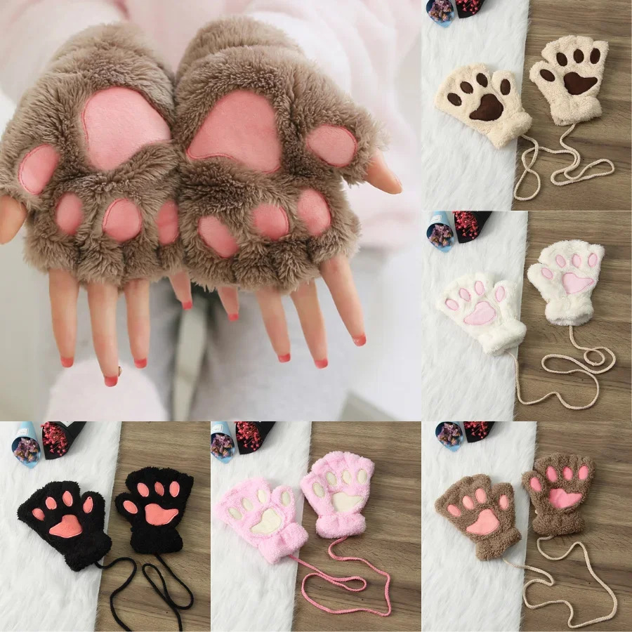 1 Pair Kawaii Cartoon Kids Boy Girl Glove Sweet Animal Cat Paw Halffinger for Children Autumn Winter Warm Thicken 241225