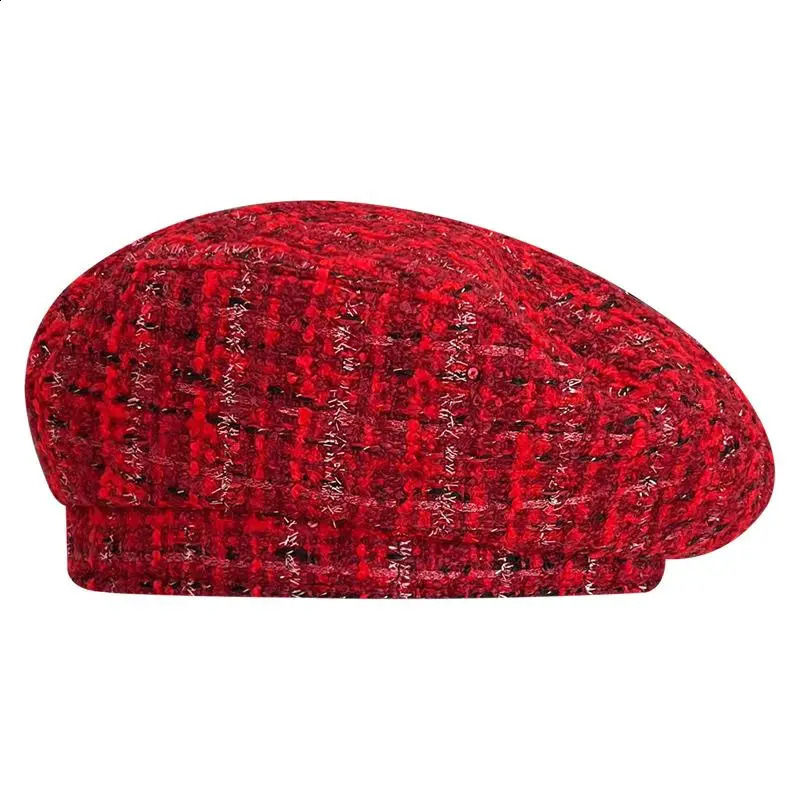 Christmas Red Cute Womens Beret Retro Bright Silk Plaid Autumn Winter Warm Hat Casual Street Octagonal Artist Hat 241226
