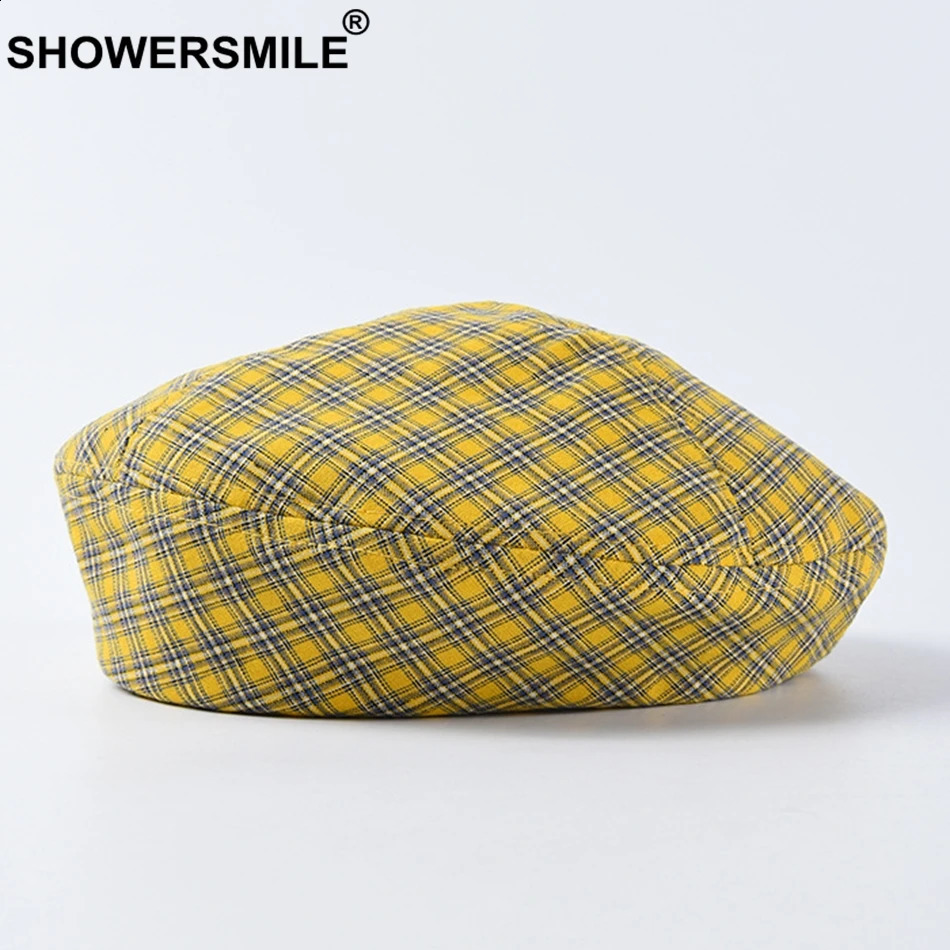 SHOWERSMILE Women Green Beret Checkered Cap Summer Style Vintage Artist Hat Famale Plaid Cotton Beret Hat Painter Cap Yellow Red 241226