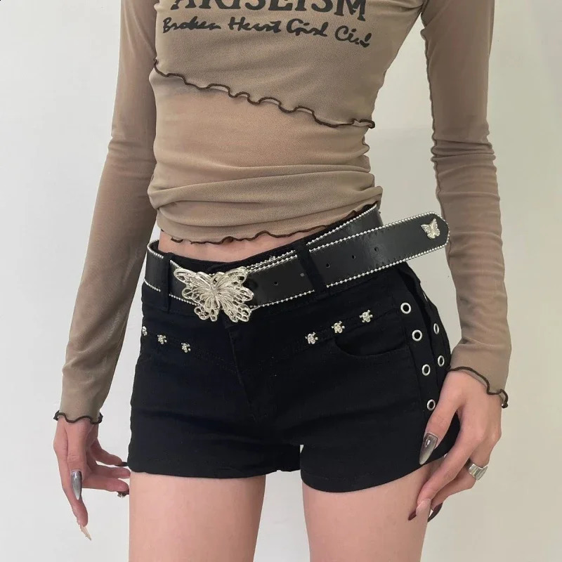 Y2k Harajuku Trendy Butterfly Black Belt Women Jeans Trousers Skirt Accessories Leather Belt Fashion Pink Tactical Belt Gifts 241226