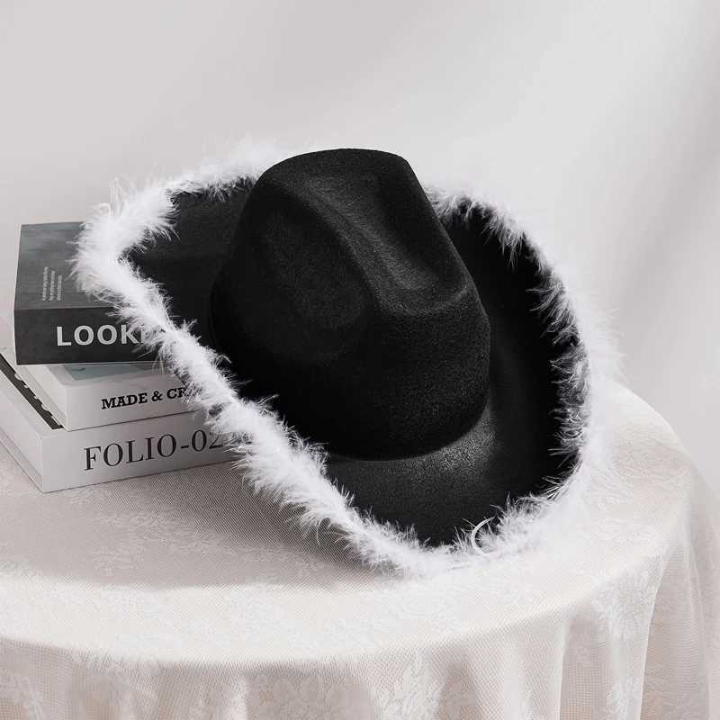 Womens denim hat adult solid color fur decoration wide brown hat female C used for dating parties outdoor camping Christmas decoration W241225