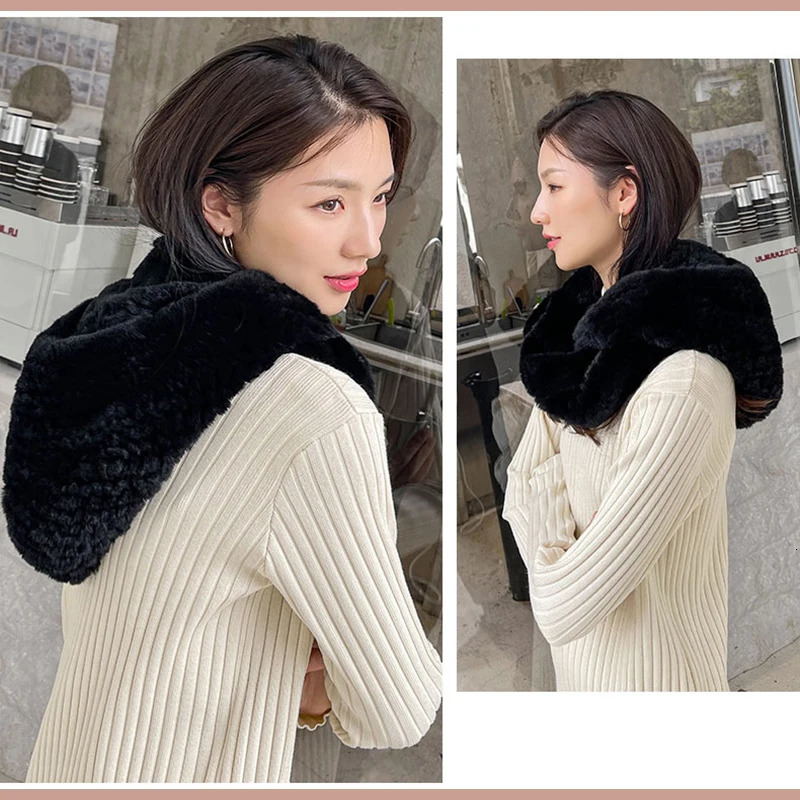 Women Real Knitted Rex Rabbit Fur Hat Hooded Scarf Long Winter Warm Fur Hat With Neck Collar Scarves Hat Scarf 241225