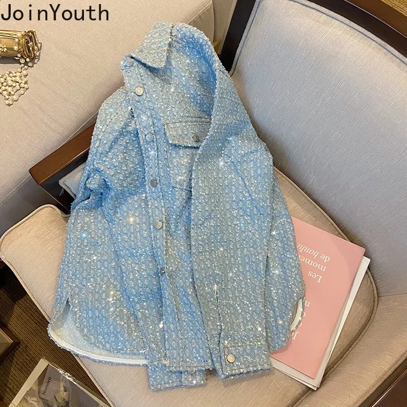 Streetwear Sequined Denim Coat Women Clothing Casual Korean Y2k Tops Ropa Mujer Long Sleeve Fashion Vintage Jackets 7o648 241223