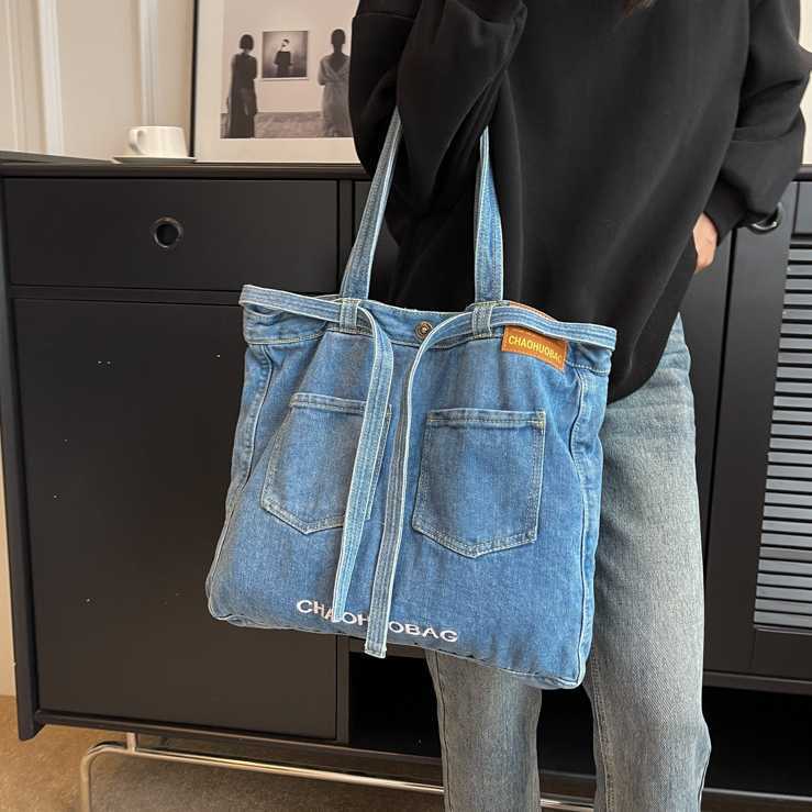 Denim Bag Fashion Embroidered Letter Shoulder Bag Double Pocket Large Capacity Women's Bag Big Tote Bag Trendy 241215