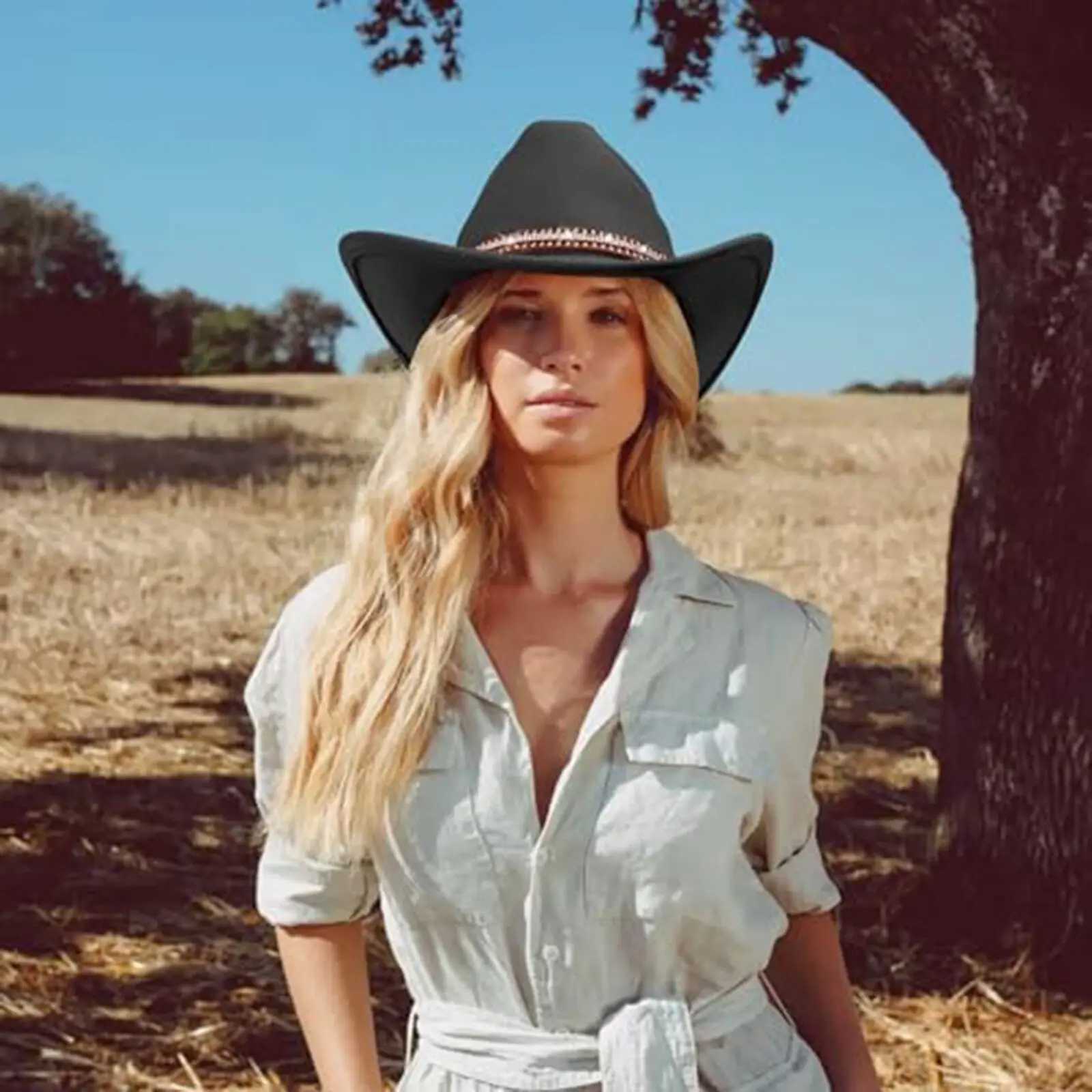 Fashionable Retro Western Cowboy Hat Wide Brim Jazz Hat Outdoor Sunscreen Felt Hat Mens Cowboy Girl Party Role Playing Hat W241225