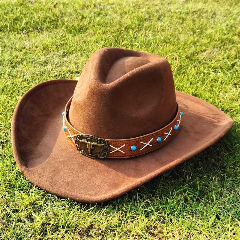 Retro Mens Cowboy Hat Suede Cowboy Hat Mens Jazz Hat Wide Brown Felt Fedora Hat Retro Panama Sombrero Hombre W241225