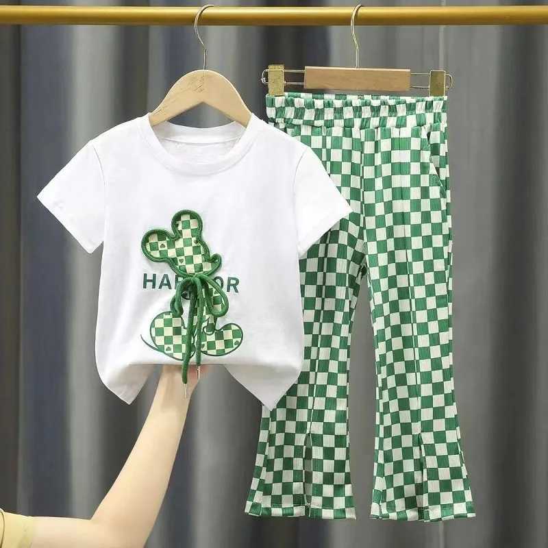 Clothing Sets Summer Baby Girls Clothes Set Toddler Kid Cartoon Bear T-shirt and Flared Pants Suit Children Short Sleeve Top Bottom TracksuitY241225DB