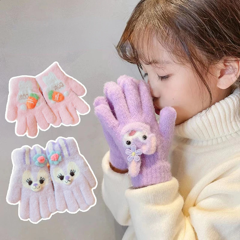 Winter Baby Girls Sweet Soft Cartoon Knitted Yarn Keep Warm Gloves Children Lovely Five Finger Gloves Kids Fashion Gloves 241226