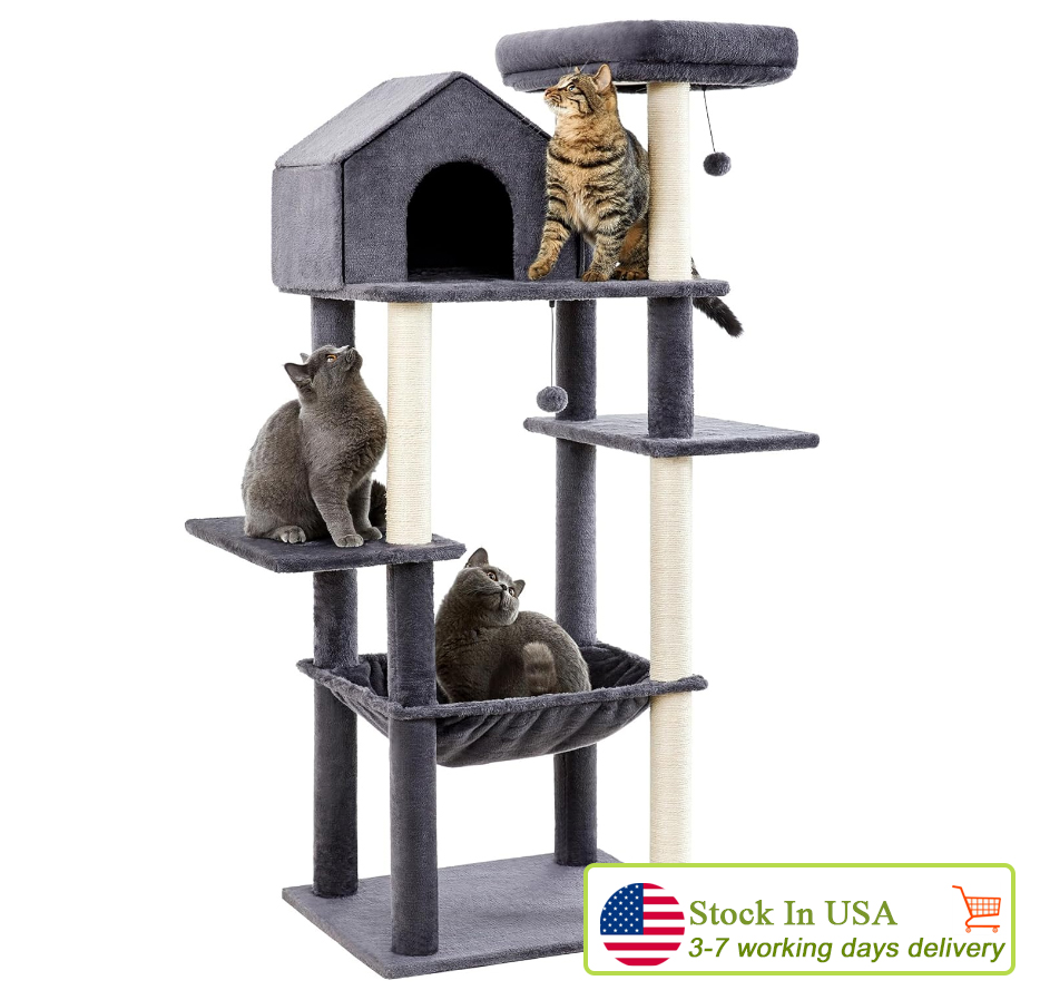 Made4Pets 60 inch Cat Tower for Indoor Cats, Multi-Level Cat Tree with Plush Hammock, Cozy Cat House, Scratching Posts, Top Perch, and 2 Hanging Balls