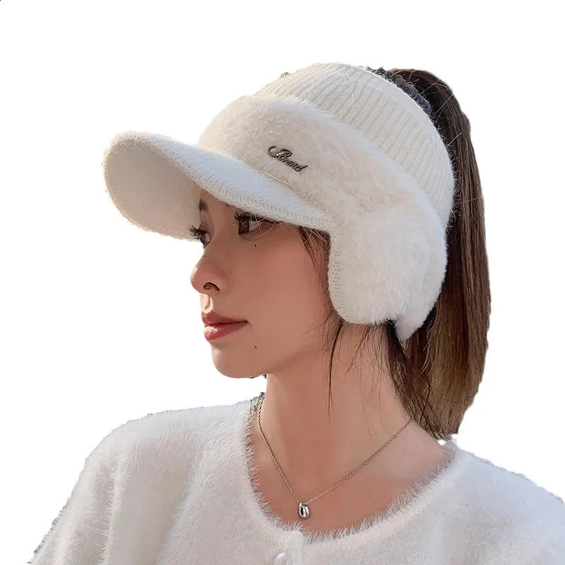 Winter Hat for Women Fashion Winter Warm Ear Wing Knitted Cap Baseball Cap Outdoor Sports Windproof Ponytail Hat Visor 241226