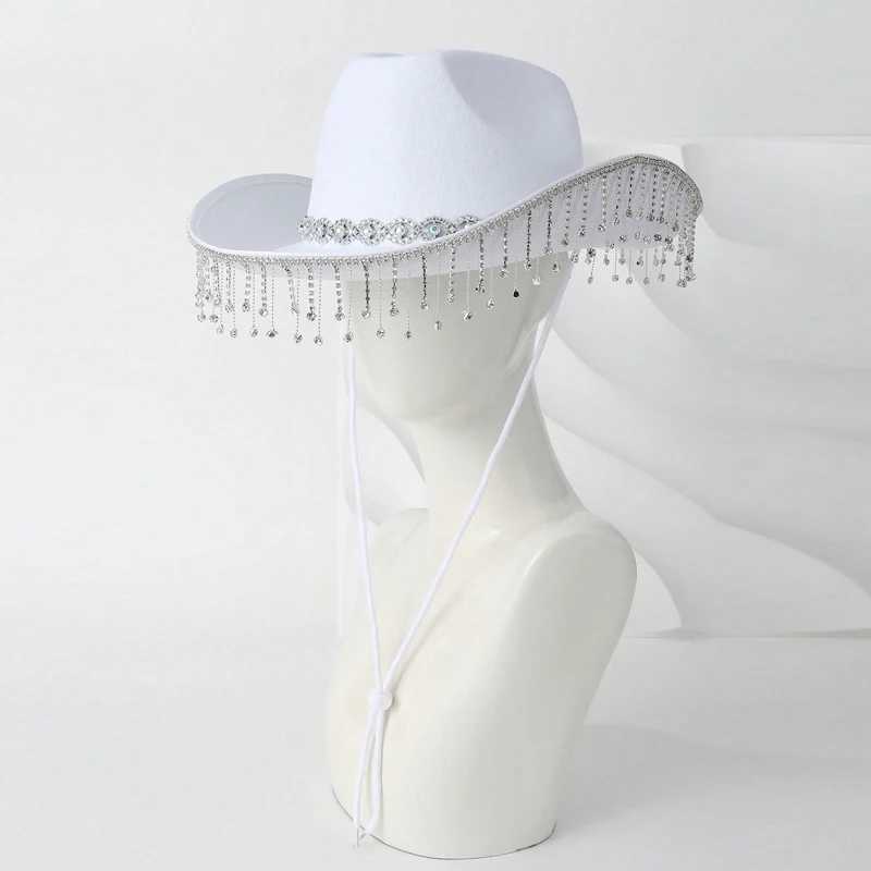 Womens denim hat with Rhinestone tassel decoration wide brown wedding hat for Fiancee shower engagement party wedding W241225