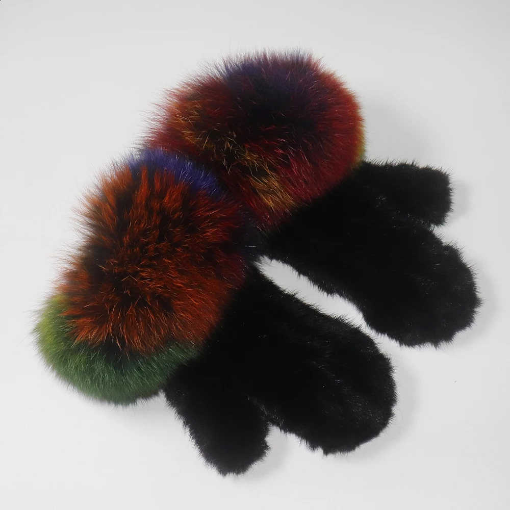 Winter Women 100% Real Mink Fur Gloves With Fox Fur Cuff Warm Natutal Fur Glove Female Thick Knit Real Mink Fur Mittens 241226