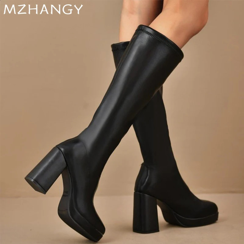 Women Square Toe Leather High Boots Knee High Heels Shoes Woman 2025 Trend Elegant Winter Pumps Motorcycle Boots Mujer 241226