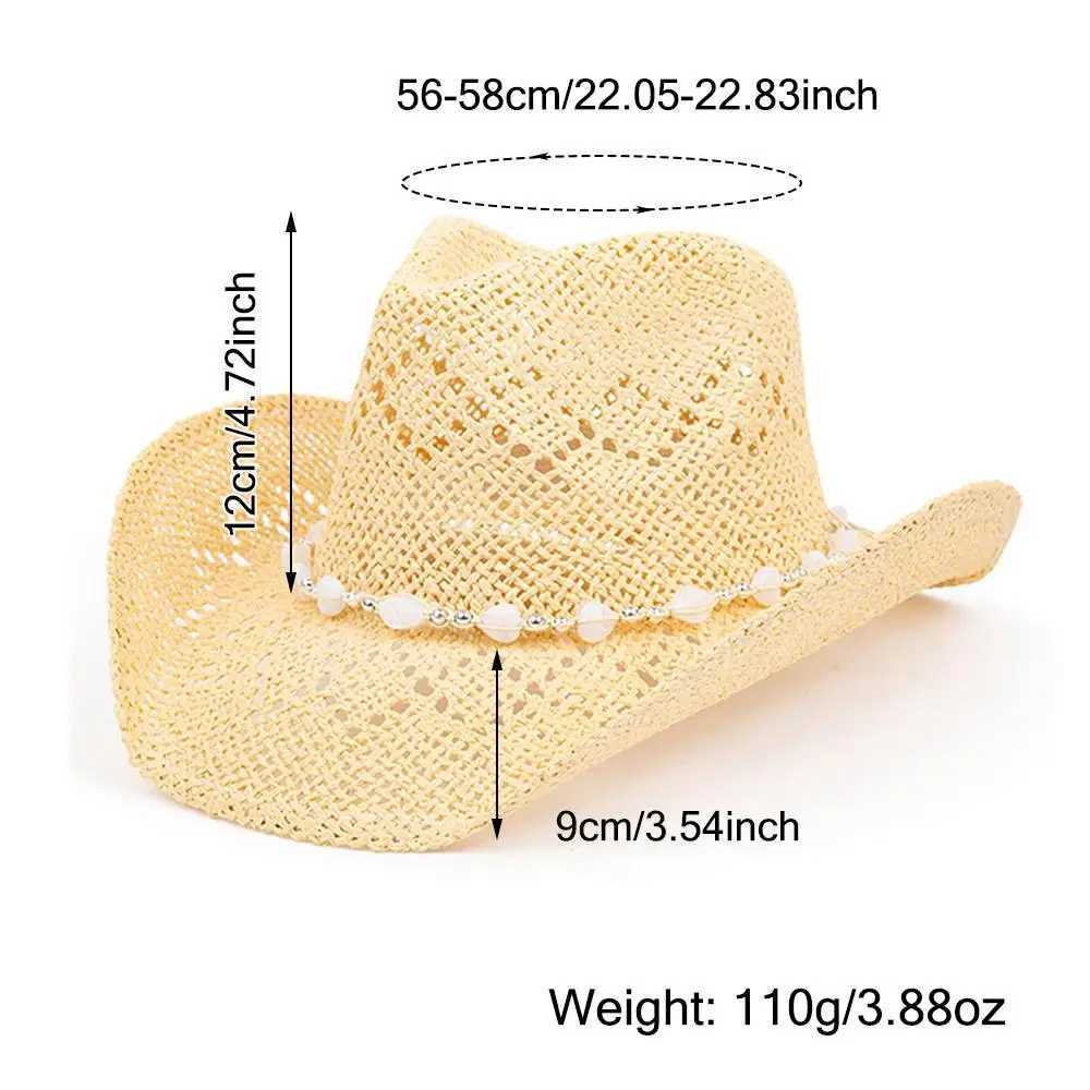 Western Cowboy Hat Str Womens Cowboy Hat with Sheeble Brim Bead Heart Decoration Resort Beach Sun Hat W241225