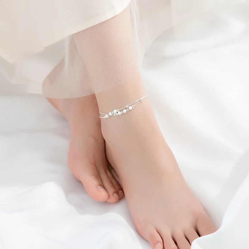Modian Sterling Silver 925 Rose Gold Color Frosted Ball Light Beads Anklet for Women Snake Bone Chain Korea Style Fine Jewelry 241226