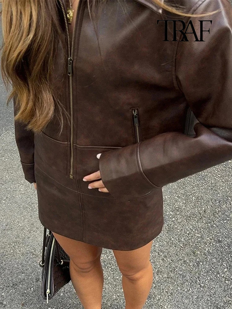 TRAF Womens Fashion Faux Leather Long Sleeve Mini Skirt Set Casual Loose Lapel Zipper Coat Brown Slim Skir 241220