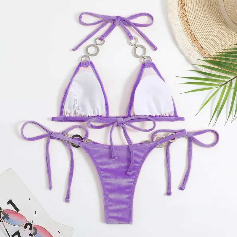 Purple velvet swimsuit sexy suspender triangle bikini set strapless mini thong swimsuit womens Biquini bikini swimsuit setW241225