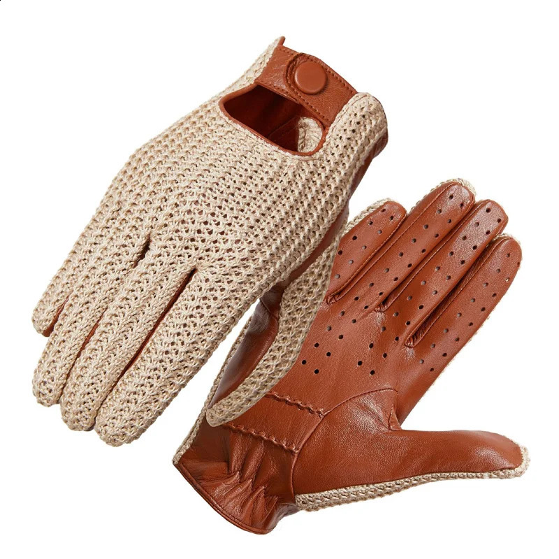 Mens Classic Real Leather Retro Unlined Driving Knitted Sports Riding Equestrianism Touch Screen Short Gloves 241226