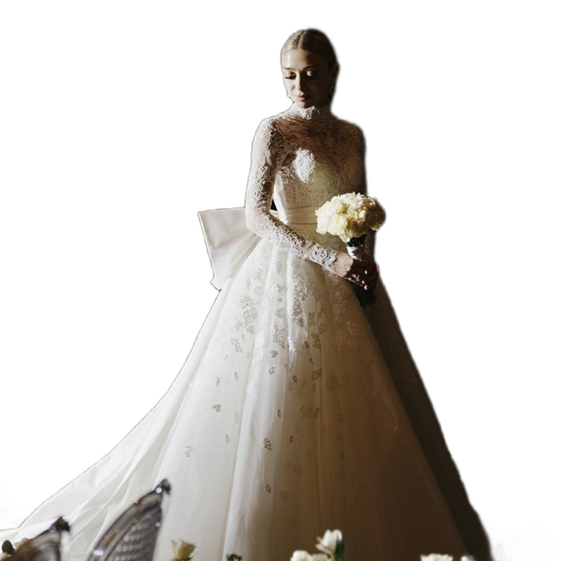Long Sleeves Princess Wedding Dresses With Bow Back Lace Appliques High Neck Elegant Bridal Gowns Ivory Pretty Robe De Mariee 2025