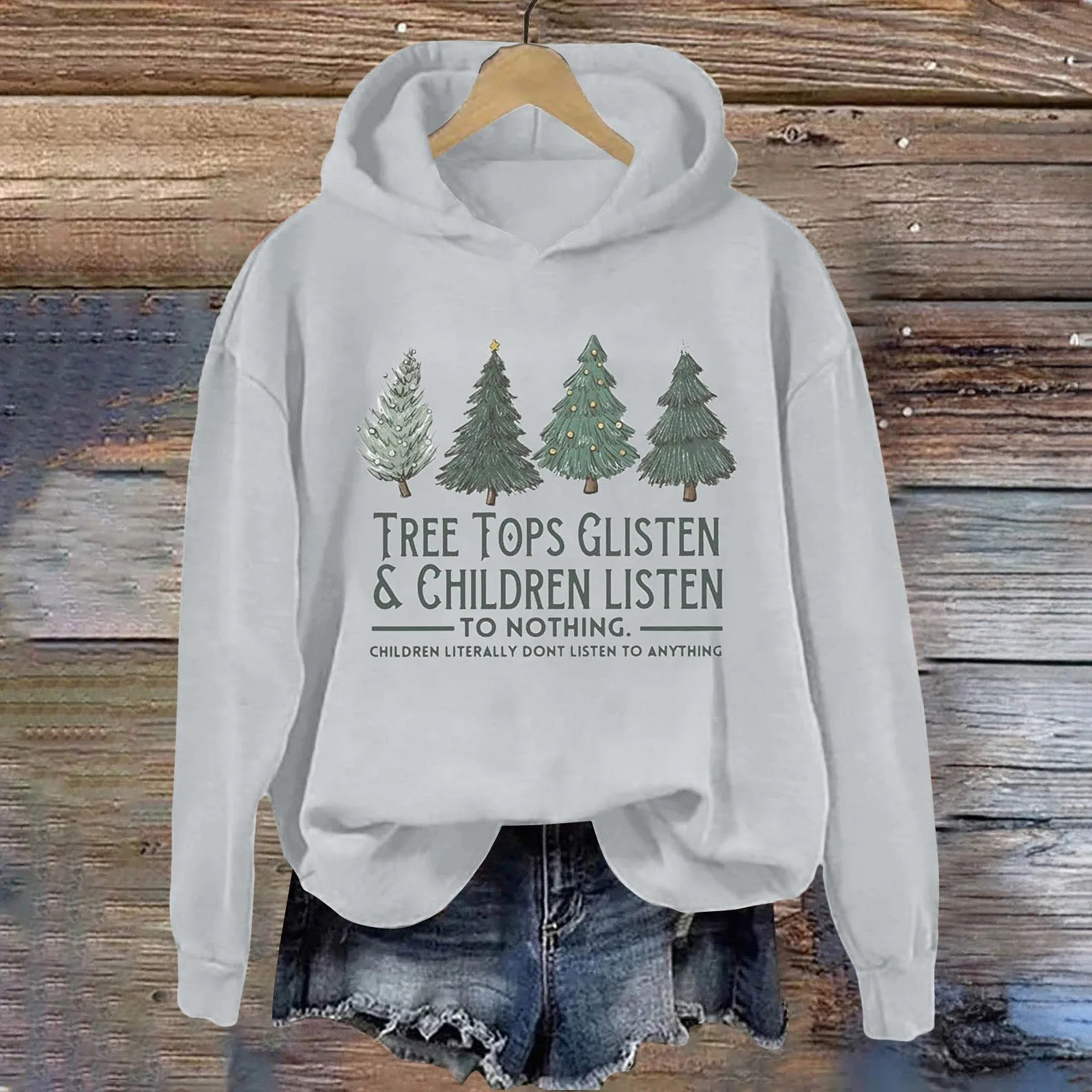 Christmas Tree Printed Sweatshirt Long Sleeve Casual Hoodies Loose Fit Graphic Hooded Pullover 241225