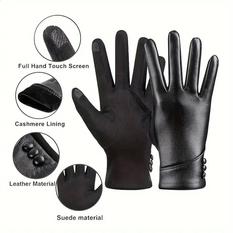 Winter Fashion Leather Gloves For Women Touch Screen Wool Lined Outdoor Windproof Warm Suede Driving Dress Gloves 241226
