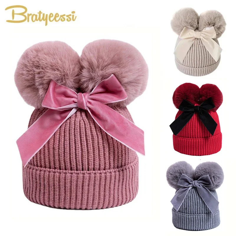 Pompom Baby Winter Hat for Girls Beanie Warm Bow Kids Cap Fur Ball Girl Thicken Snow Children Knitted Hats 636M 241225