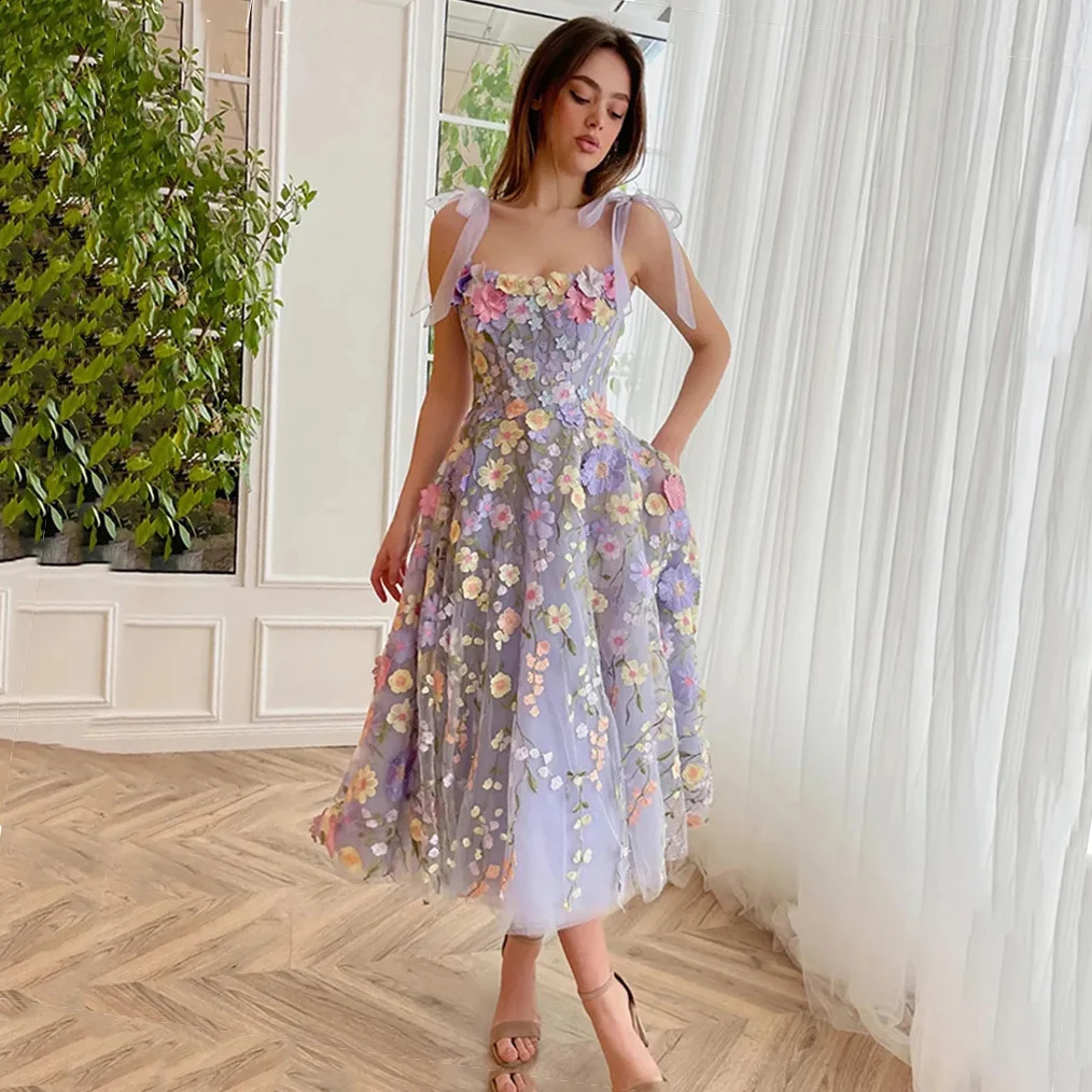 Customized Purple Floral Prom Dress Tea Length Pastoral Party Flowers Open Back Evening Gown Women Robes Se 241223