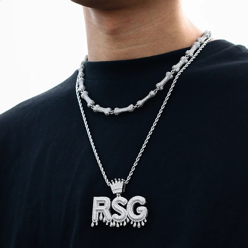 Iced Out Letter Custom Name Necklace Pendant For Men Hip Hop Jewelry Personalized Crown Drippy Cubic Zircon Charms Gift 241226
