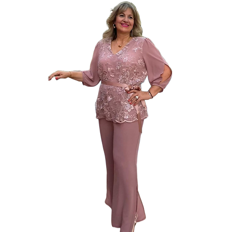 2025 Elegant Dusty Pink Mother Of The Bride Pants Suits Lace V-Neck Long Sleeves Wedding Guest Dresses Groom Mom Chiffon Formal Wear 2 Pieces