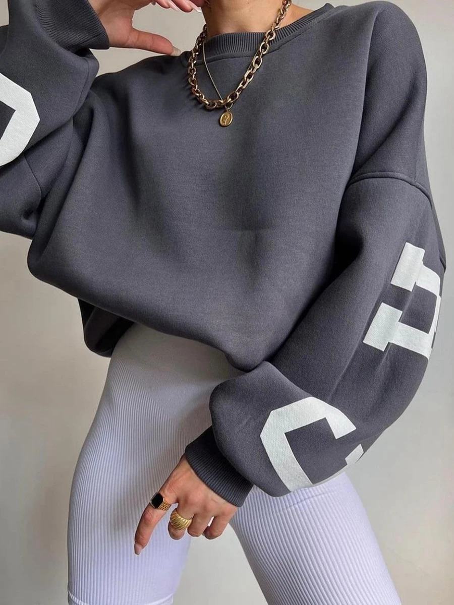 Women Grunge Loose Pullover Sweatshirts Back Letter Print Casual Thickened Long Sleeve Tops Autumn Streetwear 241225