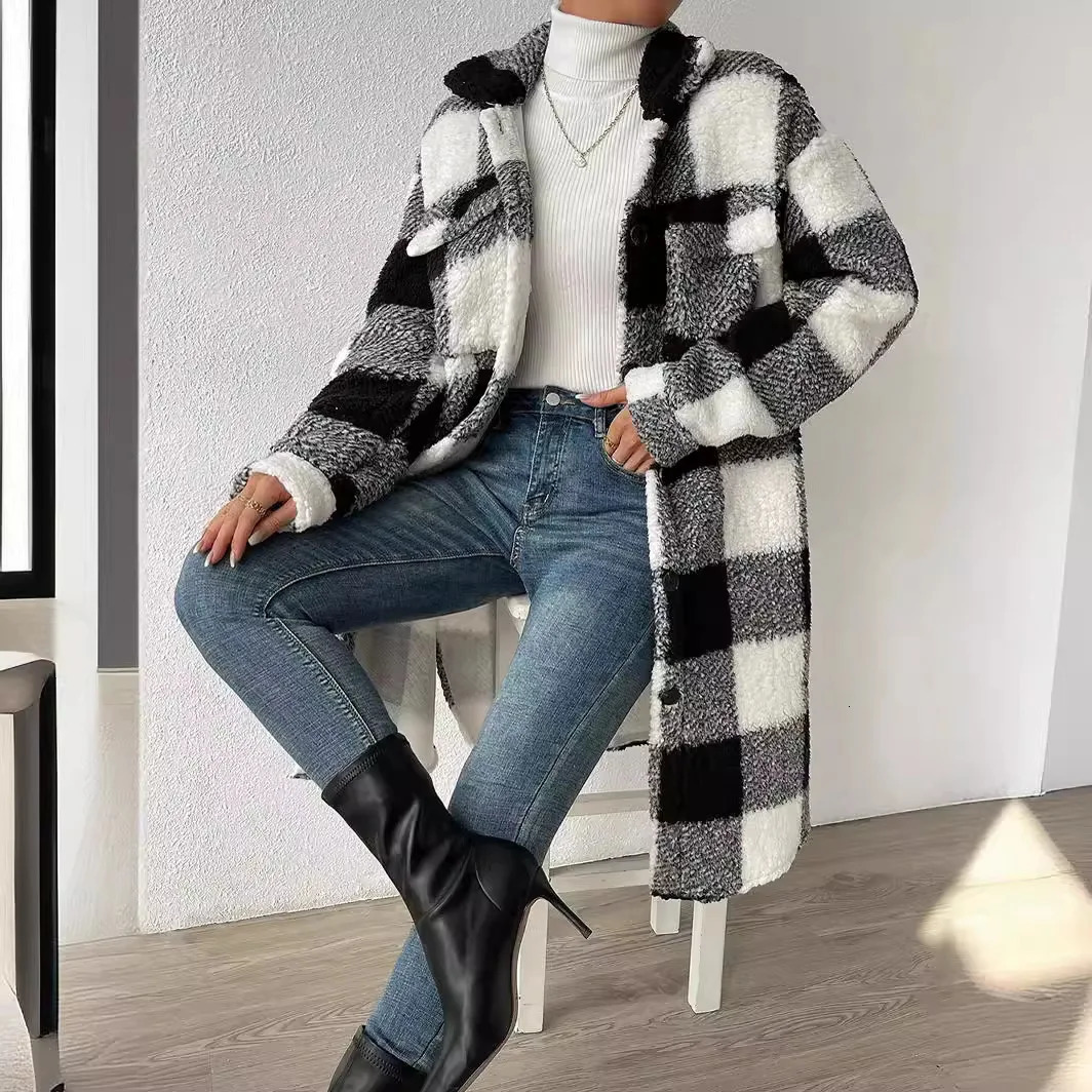 Women Long Plaid Fleece Sweatshirt Coat Autumn Winter Turn Down Collar Sleeve Pocket Button Loose Flurry XLong Trench 241223