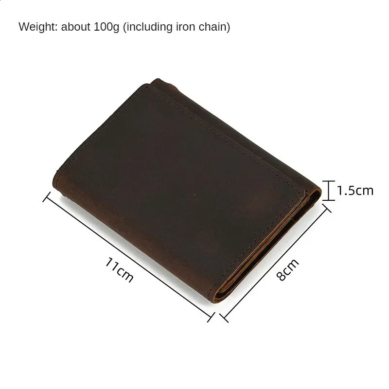 Men Genuine Leather Short Wallet with Chain Zipper Clutch Wallets Male Short Trifold Purse Card Holder Change Coin Purse 241224