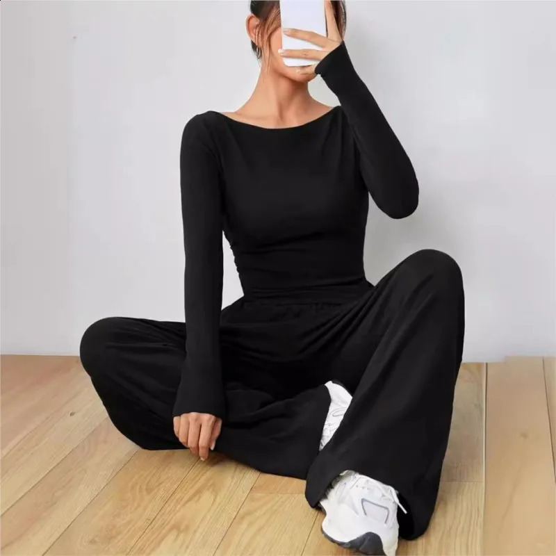Womens Suit Solid Color Long Sleeve Casual Wide Leg Pants Fashion Two Piece Suit Home Clothing 241224