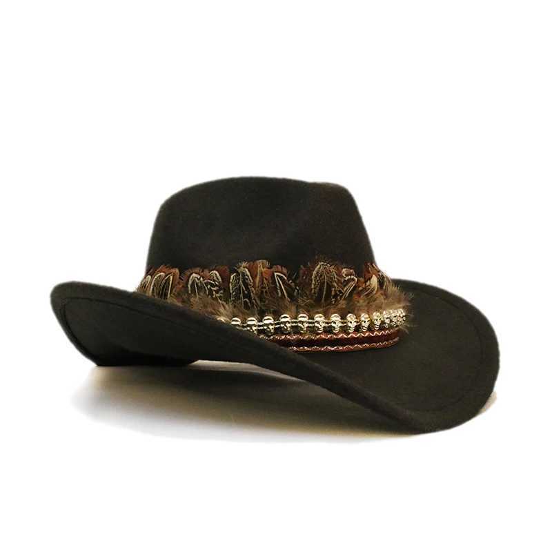 Retro Feather Skull Belt Unisex Womens Mens/Childrens Wool Wide Brim Sun Cowboy Western Cowboy Hat C 54-57-61cm W241225