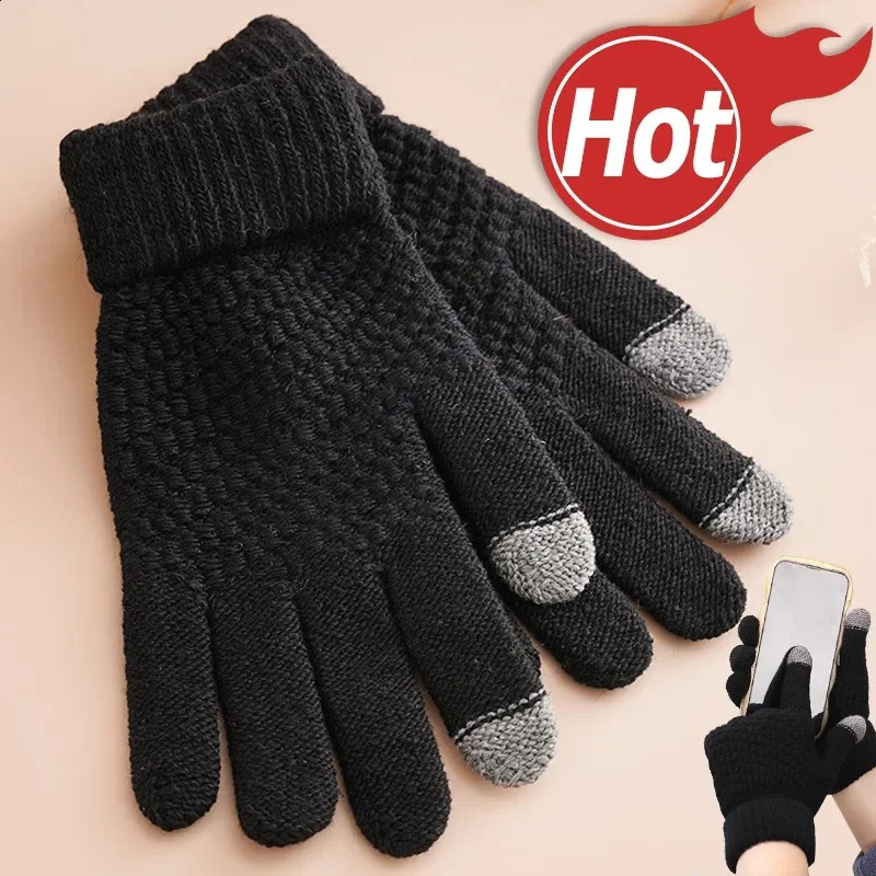 Knitted Woolen Five Finger Gloves Autumn Winter Plush Pineapple Patterned Cold-proof Slide The Screen Riding Warm Wool Mittens 241226