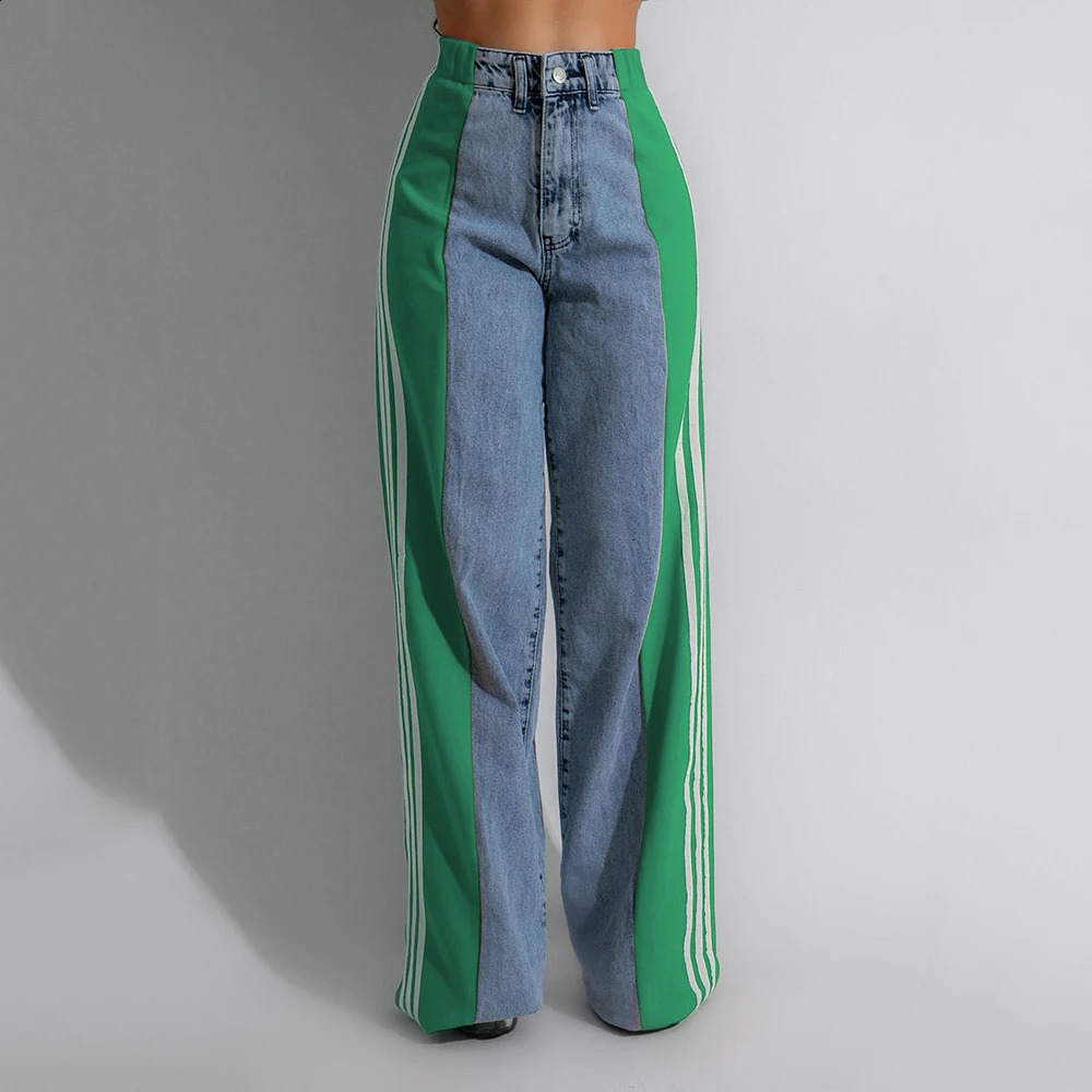 Summer Long Trouses For Women Casual Washed Denim Vintage Jeans Fashion High Waist Elastic Three Stripe Patchwork Straigh Pants 241220
