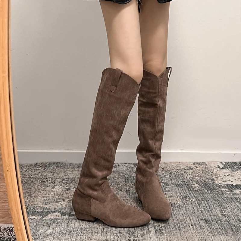 2025 Suede Women Knee High Boots Fashion Slip On Flats Shoes Ladies Concise Slim Long Botas De Mujer 241226