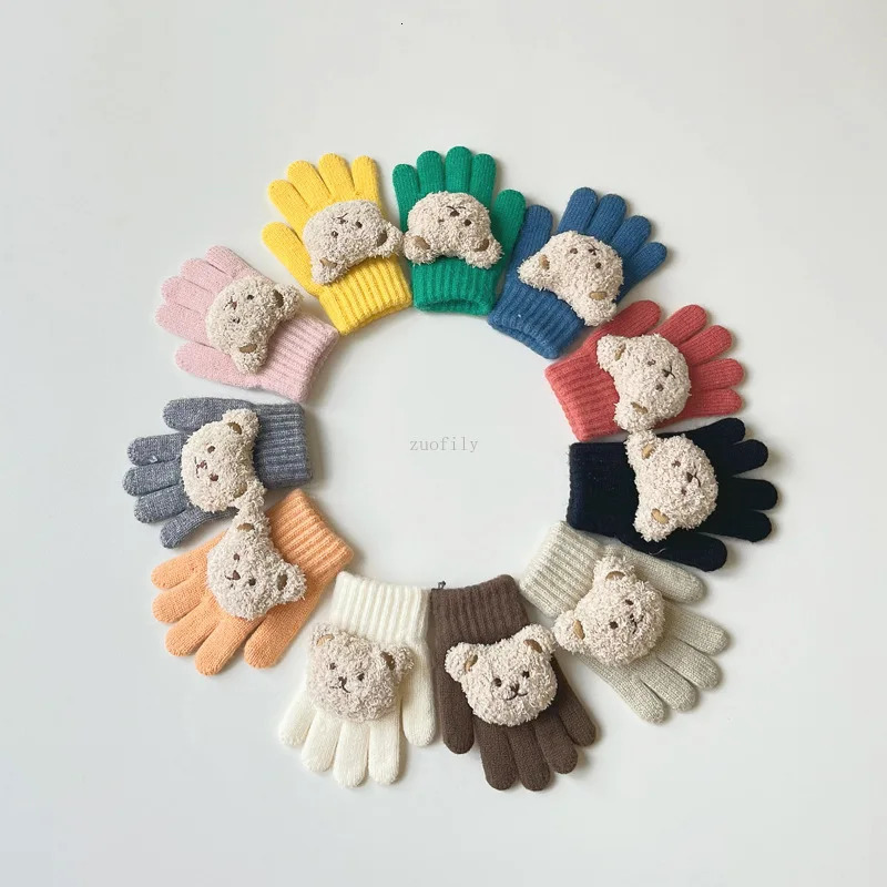 37Y Baby Cartoon Bear Mittens Winter Warm Kids Girl Solid Doll Gloves Knitted Children Toddler Thick Teething Mitten Handschoen 241225