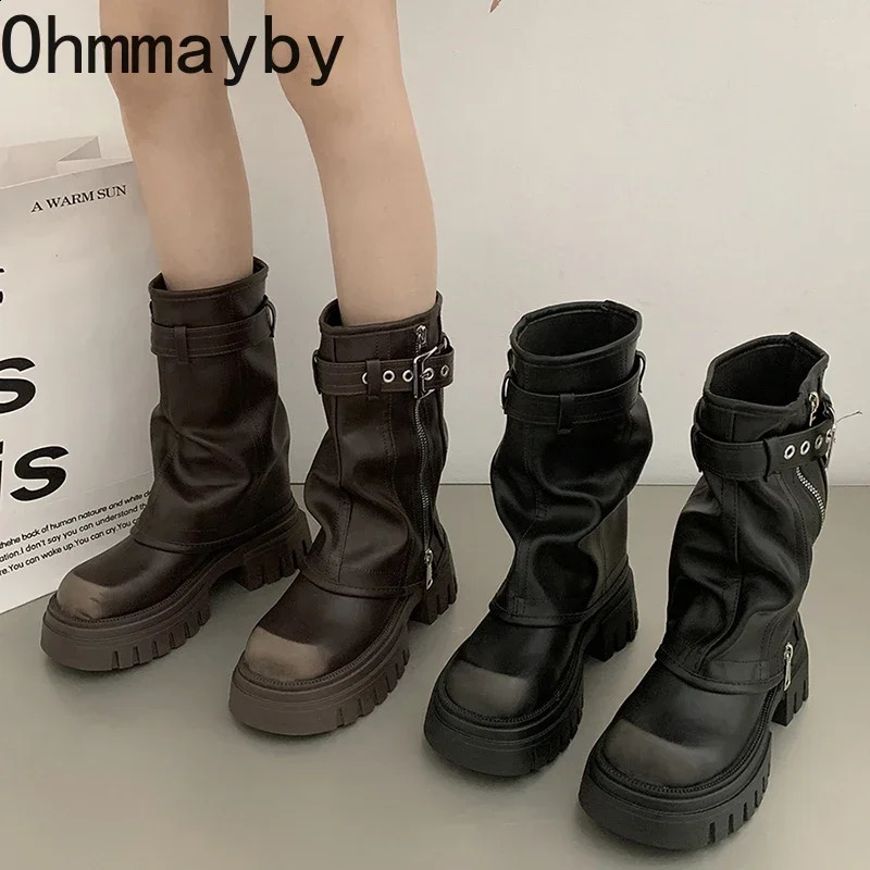 Platform Heel Mid Calf Boots Women Fashion Ladies Side Zippers Knight Boots Autumn Winter Womens Thick Bottom Shoes 241226
