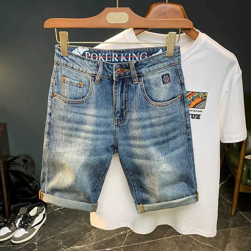 Mens thin denim shorts 2024 summer new embroidery fashion high-end unique design casual wash off fifth pair of pants W241226