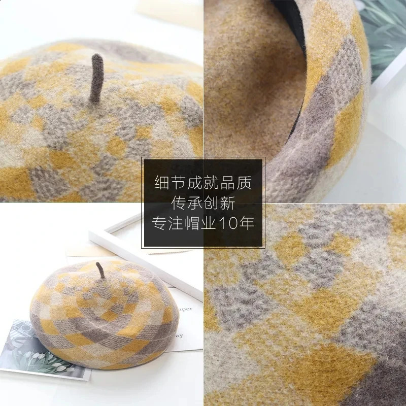 Fashion Top Quality Woman Winter Hat For Women Wool Plaid Beret Female Soft 100% Wool Hat Women Real Wool Boina Gift Wholesales 241226