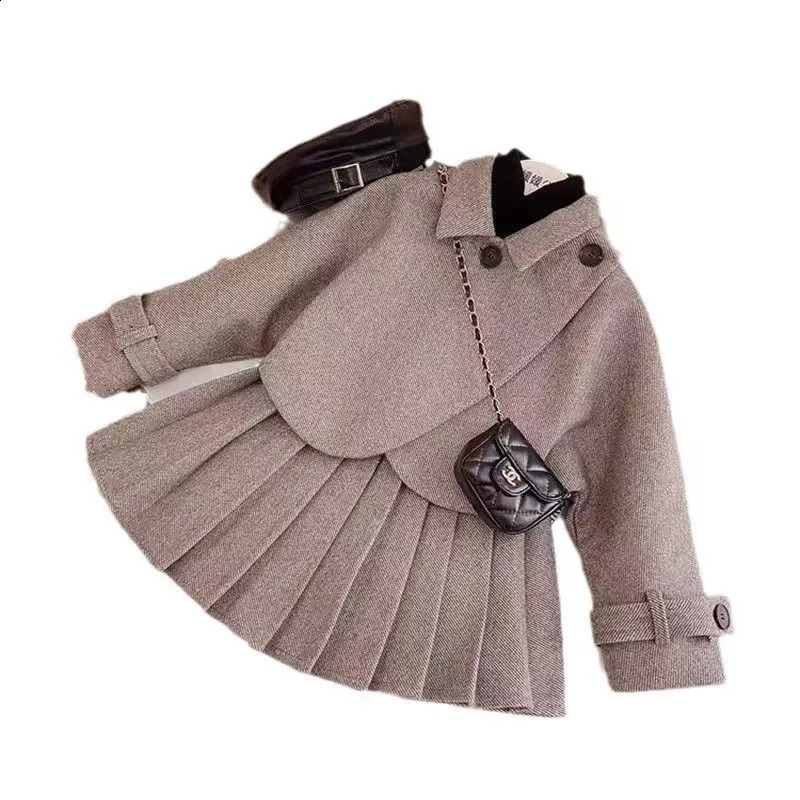 Spring and Autumn Girls Woolen Suit Coat Pleated Short Skirt TwoPiece Set Little Girl Cotton Thickening Fashionable 241225