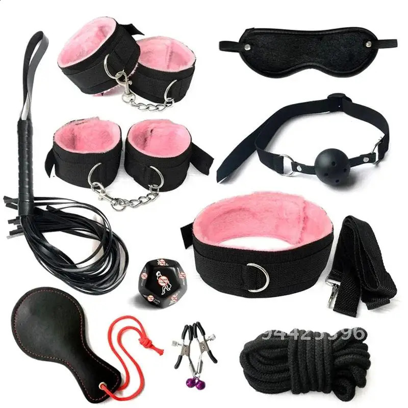BDSM Bondage Set Sexy Plush Handcuffs Leather Whip Mouth Ball Gag Nipple Clamps Kits Sex Toys For Couples Two Exotic Accessories 241226