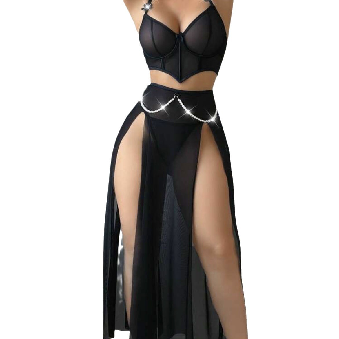 Women's Sleepwear 3 Pieces Lingerie Set V Neck Spaghetti Strap Bustier Corset Top and Pearl Chain Decor Sexy Slit Dress Babydolls with Panties