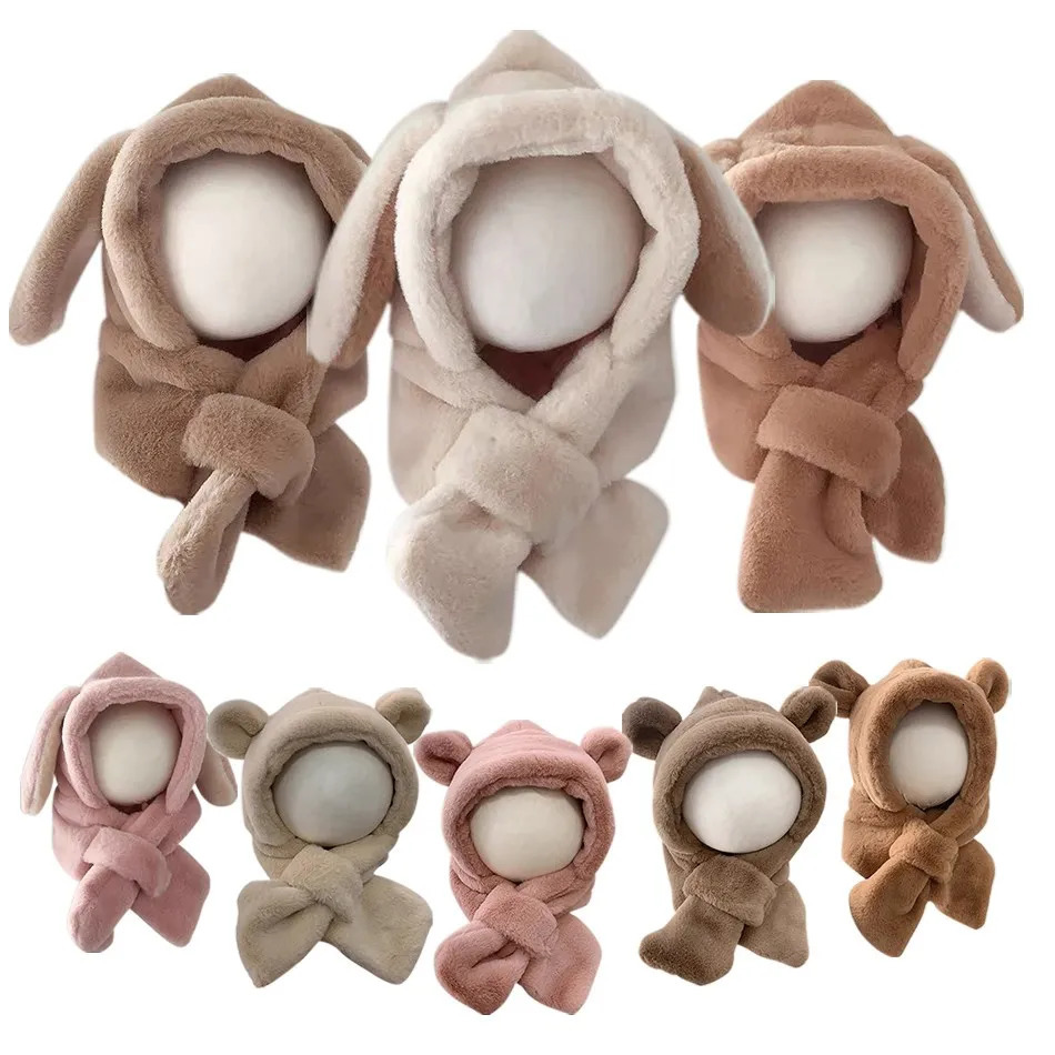 Childrens Solid Color Plush Scarf Hat Cute Cartoon Teddy bear Rabbit Warm Winter Windproof and Cold 241225