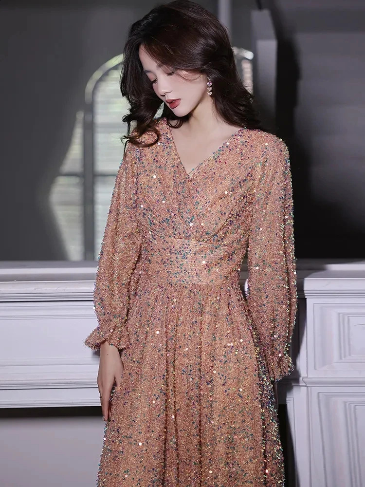 Customized Evening Dresses Elegant V-Neck A-Line Floor-Length Sparkly Sequin Women Formal Gowns For Engagement Part Dress 241223