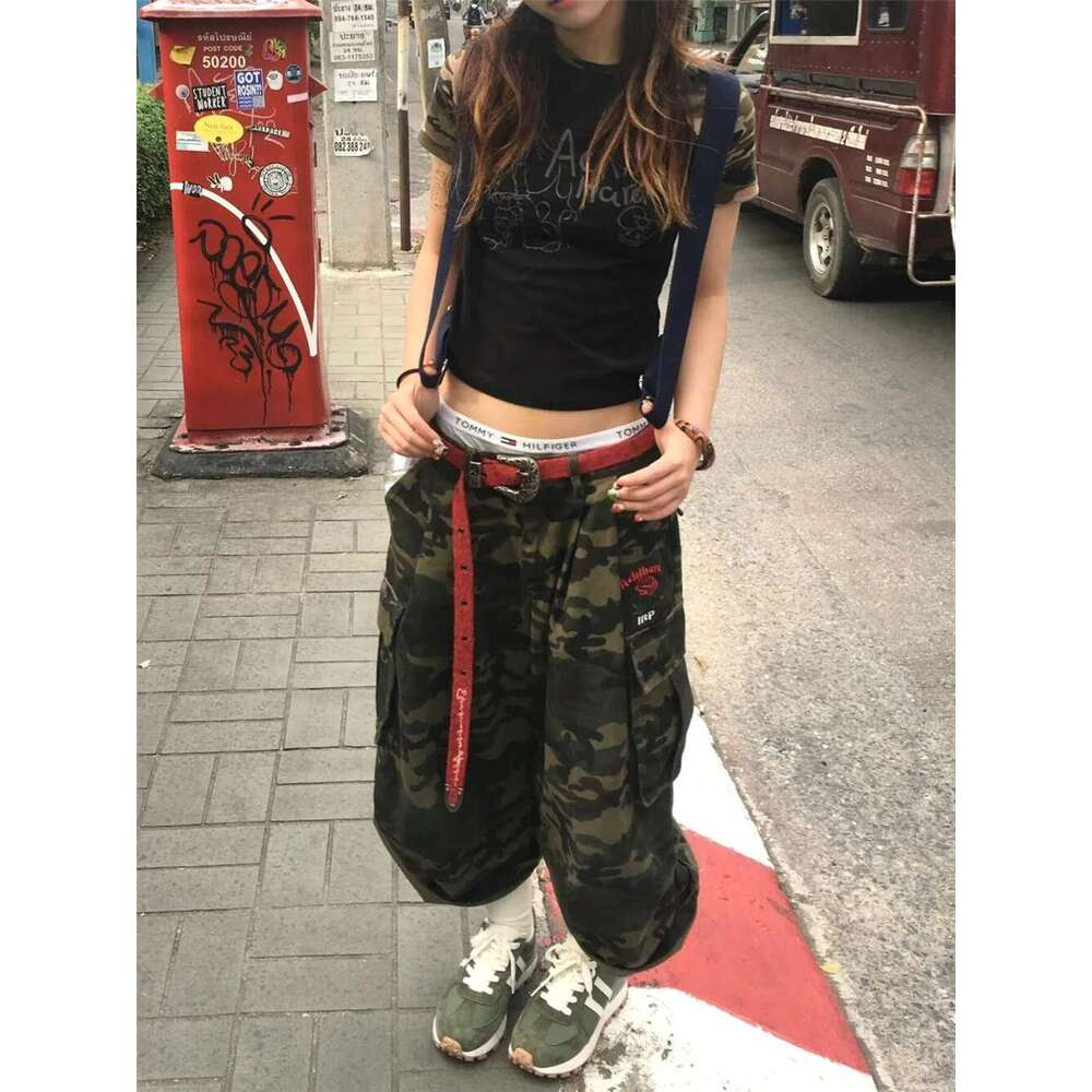 Punk Street Casual Summer Women Camouflage Haruku Vintage High Waist Loose Y2K Wide Leg Baggy Denim Shorts
