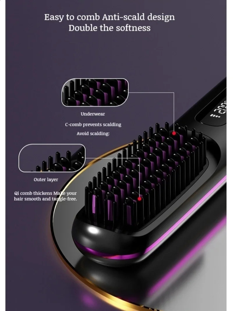 Home Wireless Negative Ion Ceramic Heated Straight Hair Comb USB Charging LCD Display Portable Straight Hair Comb 241225