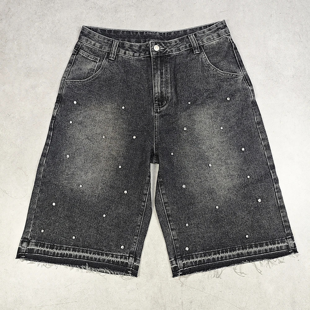PEERAGE Y2k Retro Rhinestone Washed Wide Leg Baggy Long Jorts Men Streetwear Oversized Frayed Black Grey Loose Denim Jean Shorts 241225